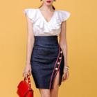 Set: V-neck Ruffle-trim Top + Buttoned Slit-hem Pencil Skirt