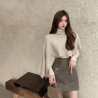 Turtleneck Knit Cape / Long-sleeve Top / Faux Leather A-line Skirt