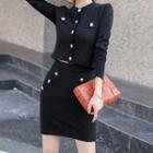 Set: Long-sleeve Buttoned Knit Top + Fitted Mini Skirt Black - One Size