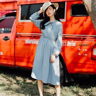 Long-sleeve Gathered-waist Tie-neck Dress