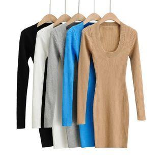 Long-sleeve Scoop-neck Mini Sheath Dress