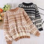Round-neck Color Block Flower Print Long-sleeve Knit Top