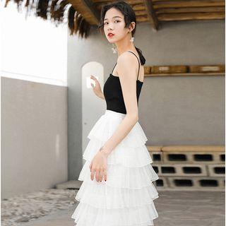 Set: Knit Cami Top + Midi Layered Skirt Set Of 2 - Black & White - One Size