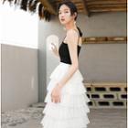 Set: Knit Cami Top + Midi Layered Skirt Set Of 2 - Black & White - One Size