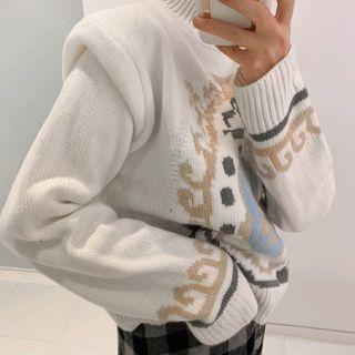 Padded-shoulder Printed Cropped Sweater