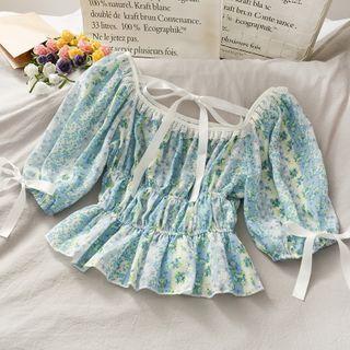 Boatneck Ribbon-accent Floral Crop Top Blue - One Size