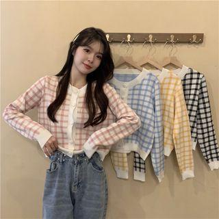 Round-neck Plaid Long-sleeve Cardigan