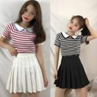 Striped Short-sleeve Collared Knit Top / Pleated Skirt