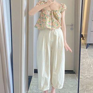 Cap-sleeve Floral Blouse / Wide Leg Pants