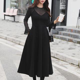 Set: Long-sleeve Top + Strappy A-line Midi Dress