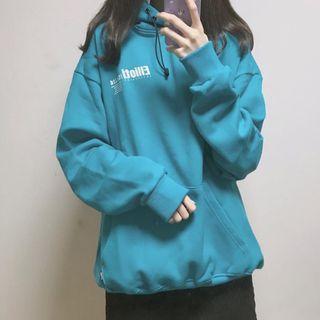 Plain Lettering Printed Hoodie Bluish Green - One Size