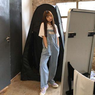 Flower Print Panel Denim Jumper Pants