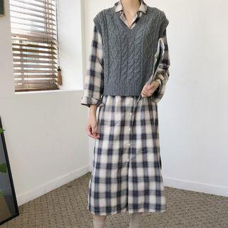 Plain Blazer / V-neck Knit Vest / Plaid Midi Shirt Dress