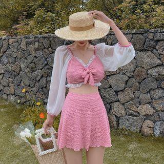 Set: Long-sleeve Bow Accent Tankini Top + Swim Skirt