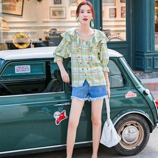 Plaid Elbow-sleeve Double-breasted Blouse