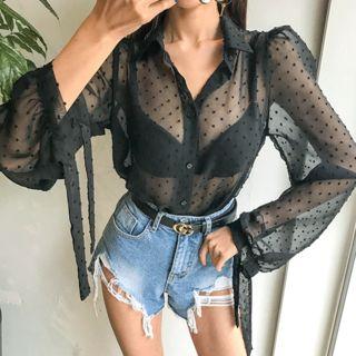 Puff-shoulder Dotted Mesh Blouse
