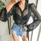 Puff-shoulder Dotted Mesh Blouse