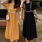 Short-sleeve Round Neck Lace Trim Midi Dress