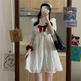 Short-sleeve Ruffle Trim Drawstring Bow Accent A-line Dress Dress - White - One Size