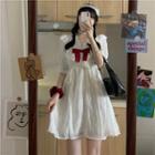 Short-sleeve Ruffle Trim Drawstring Bow Accent A-line Dress Dress - White - One Size