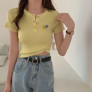 Short-sleeve Floral Embroidered Henley T-shirt