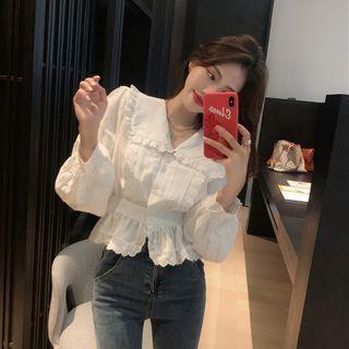 Puff-sleeve Frilled Trim Plain Blouse