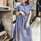 Slit Denim Shirt Dress As Shown In Figure - One Size