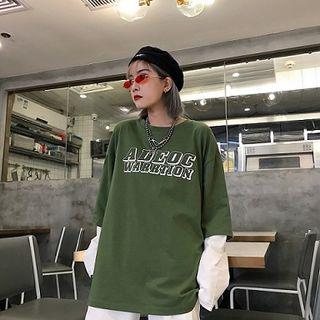 Long-sleeve Lettering Mock Two-piece T-shirt Army Green - One Size