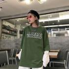 Long-sleeve Lettering Mock Two-piece T-shirt Army Green - One Size