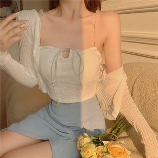 Plain Ribbed Cardigan / Bandeau / High-waist Slit Skirt