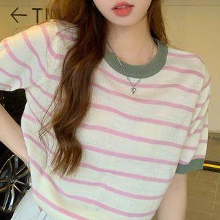 Short-sleeve Striped Knit Top Stripe - Pink & White - One Size