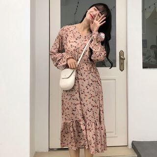 Long-sleeve Floral Print A-line Midi Dress Almond - One Size