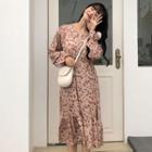 Long-sleeve Floral Print A-line Midi Dress Almond - One Size