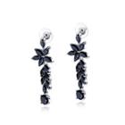 Fashion And Elegant Flower Tassel Earrings With Black Cubic Zircon Silver - One Size