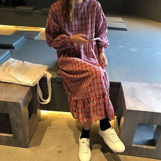 Color-block Plaid Ruffled-trim Long-sleeve Dress