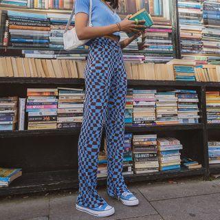 Psychedelic Checkerboard Print Wide-leg Pants