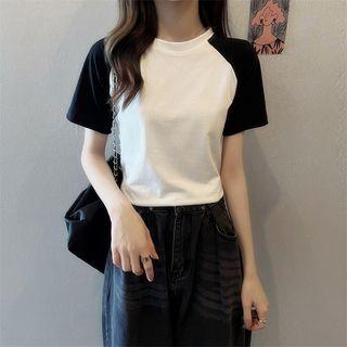 Short-sleeve Round-neck Color Block T-shirt