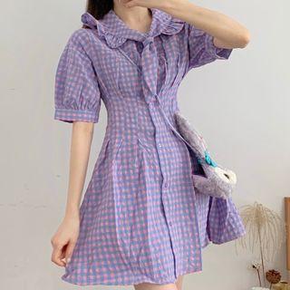 Ruffle Trim Collar Gingham Mini A-line Dress