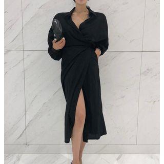 Long Sleeve Tie-waist V-neck Dress Black - One Size