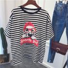 Dog Print Short Sleeve T-shirt Stripes - Black & White - One Size