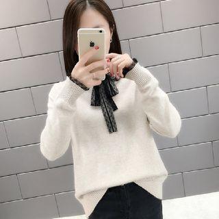 Long-sleeve Lace Bow-accent Knit Top