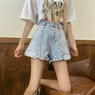 Paneled Washed Wide Leg Denim Shorts