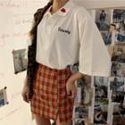 Heart Embroidered Elbow-sleeve Collared T-shirt / Plaid Mini Pencil Skirt