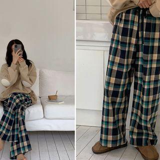 Band-waist Plaid Pants Navy Blue - One Size