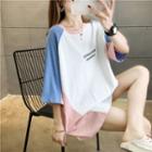 3/4-sleeve Letter Print Color-block T-shirt