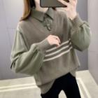 Mock Two-piece Long-sleeve Striped Polo Knit Top