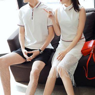 Couple Matching Striped Short Sleeve Polo Shirt / Sleeveless Collared Dress
