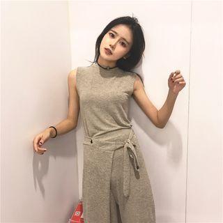 Set: Plain Tank Top + Tie-waist Wide-leg Pants