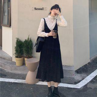 Long-sleeve Mock-neck Lace Top / Midi A-line Overall Dress