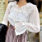 Lace-collar Bell-sleeve Sheer Top One Size